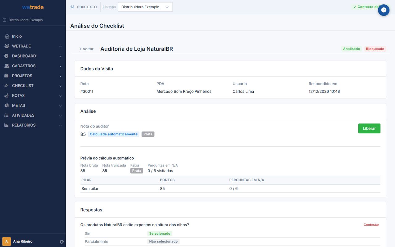 Análise de um checklist de auditoria com a nota calculada e a faixa de classificação