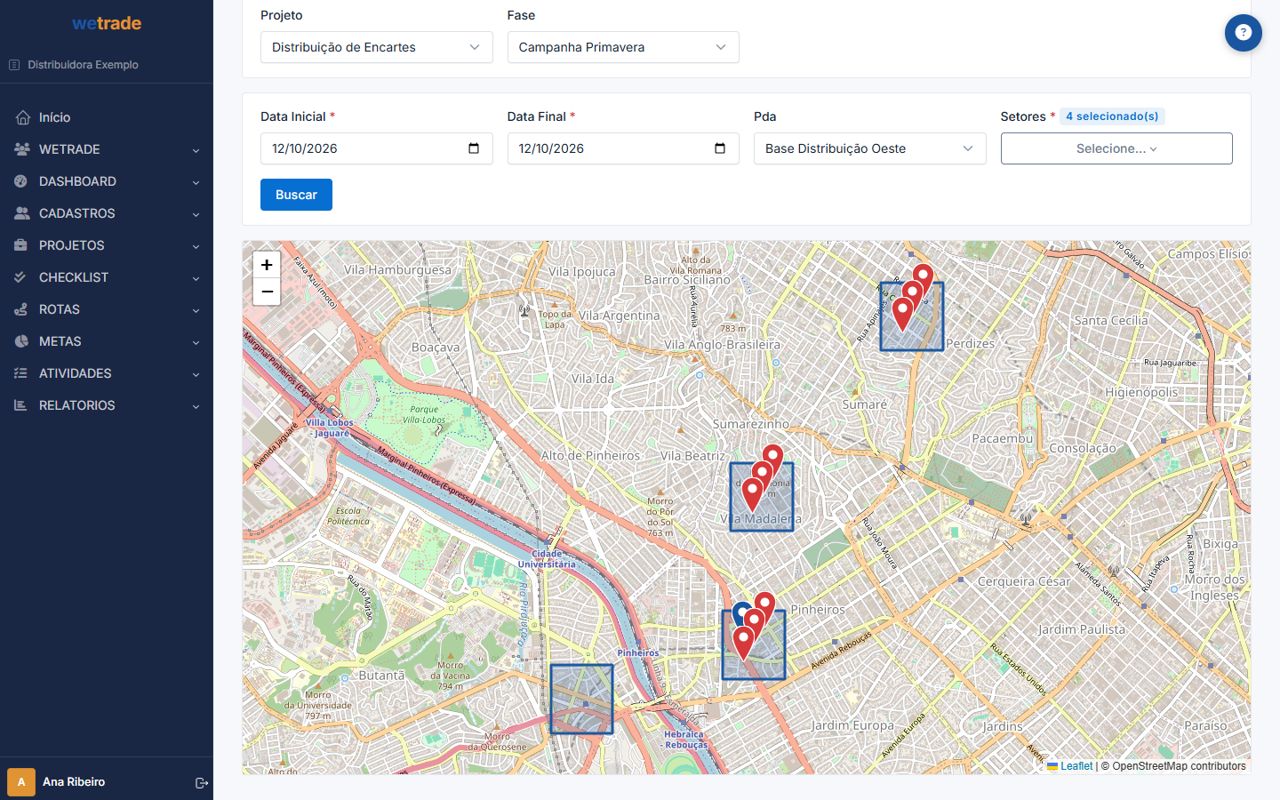 Mapa de cobertura com o percurso e os pontos visitados